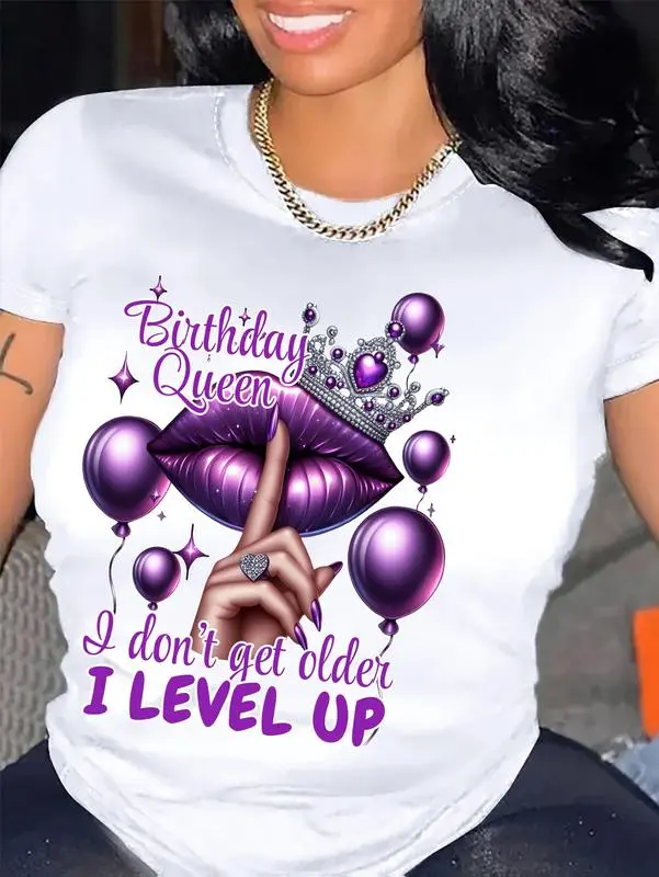 Queen's Birthday Queen Pattern T-shirt, polyester blend, Casual round-neck T-shirt with balloon and lip print, regular length, knitted fabric, suitable for all seasons, Allseason Top| Humorous design | Medium elasticity