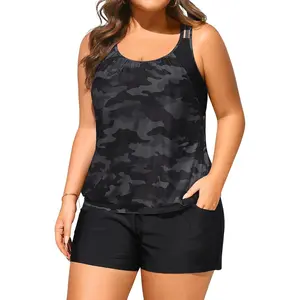 Plus Size Tankini Swimsuit for Women Two Piece Tummy Control Bathing Suit Blouson Racerback Tankini Top with Shorts