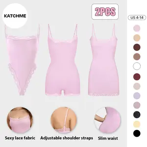 KatchMe Lace Series Women's Spaghetti Strap Lace Trim Breathable Bodysuit, Minimalist Chic Lightweight Playsuit, Seamless Basic Nightdress