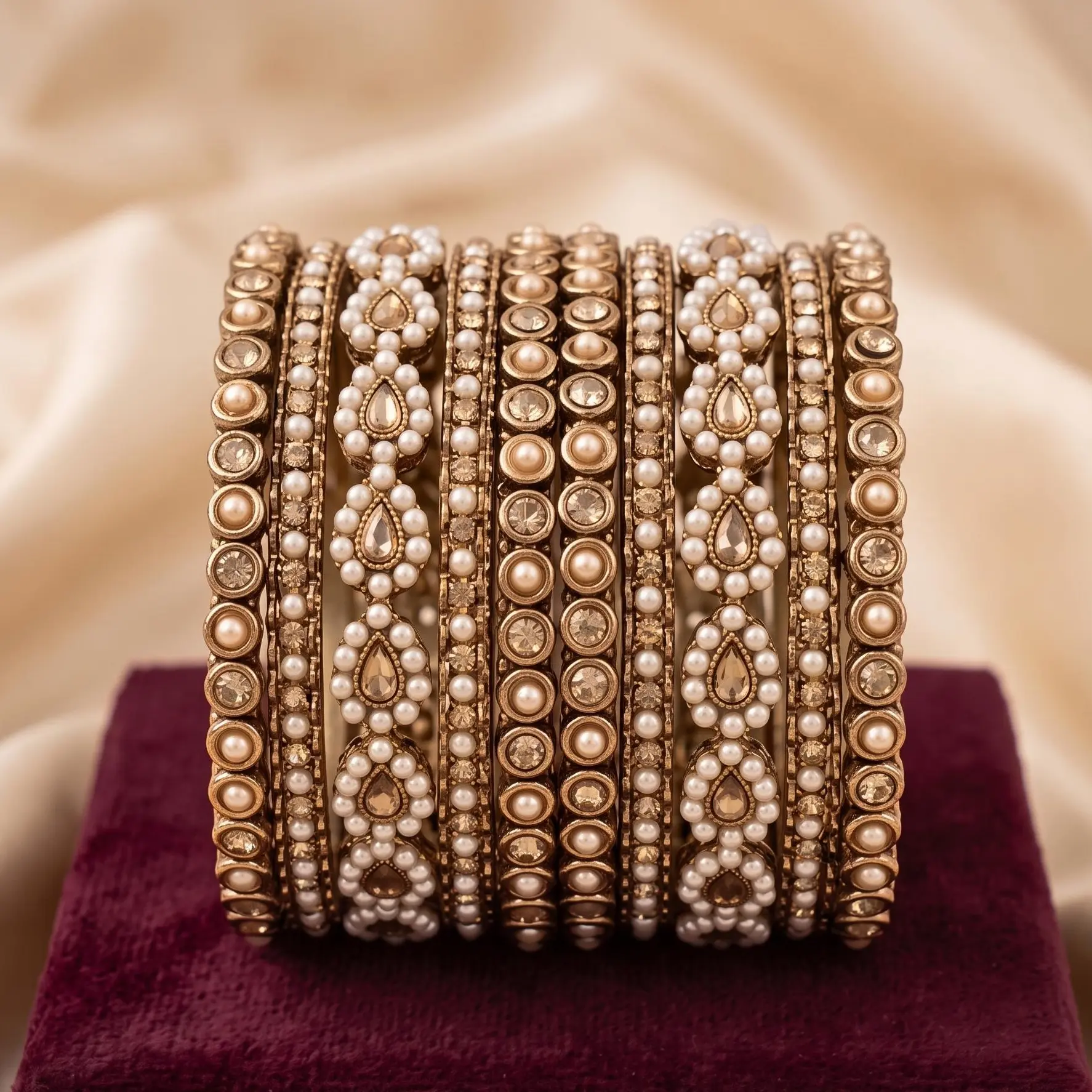 10 Pcs Gold Polki Bangles Set – Elegant Indian Wedding Jewelry with Shadow Stones