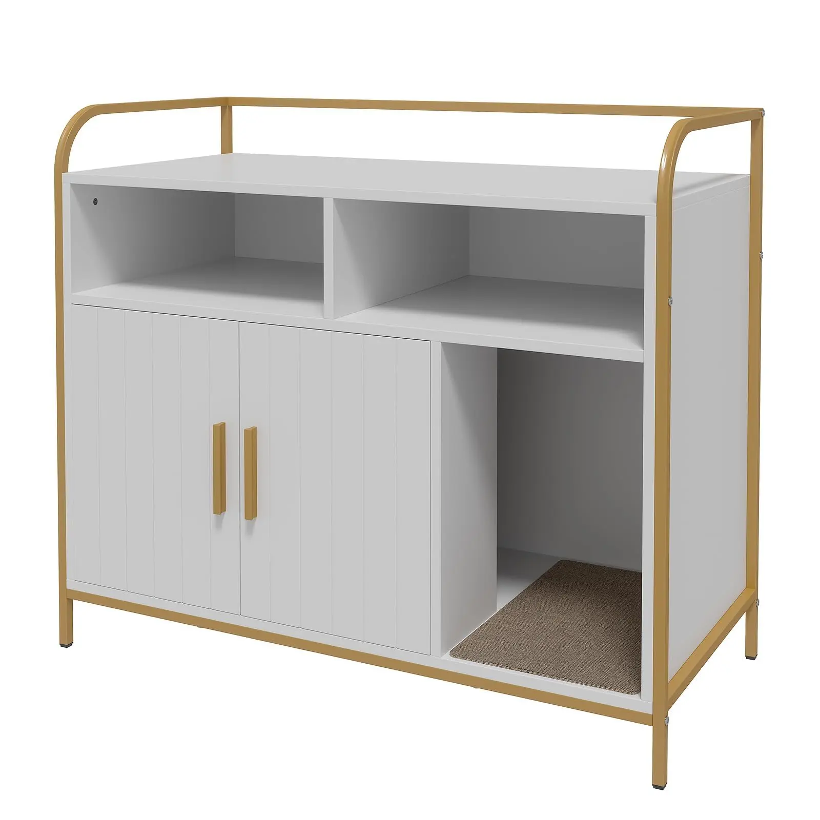 Garvee Modern Cat Litter Box Enclosure with Metal Frame, Hidden Litter Box Side Table Featuring Dual Storage Shelves, Multi-Functional Indoor Cat House Cabinet for Living Room and Bedroom in White or Black