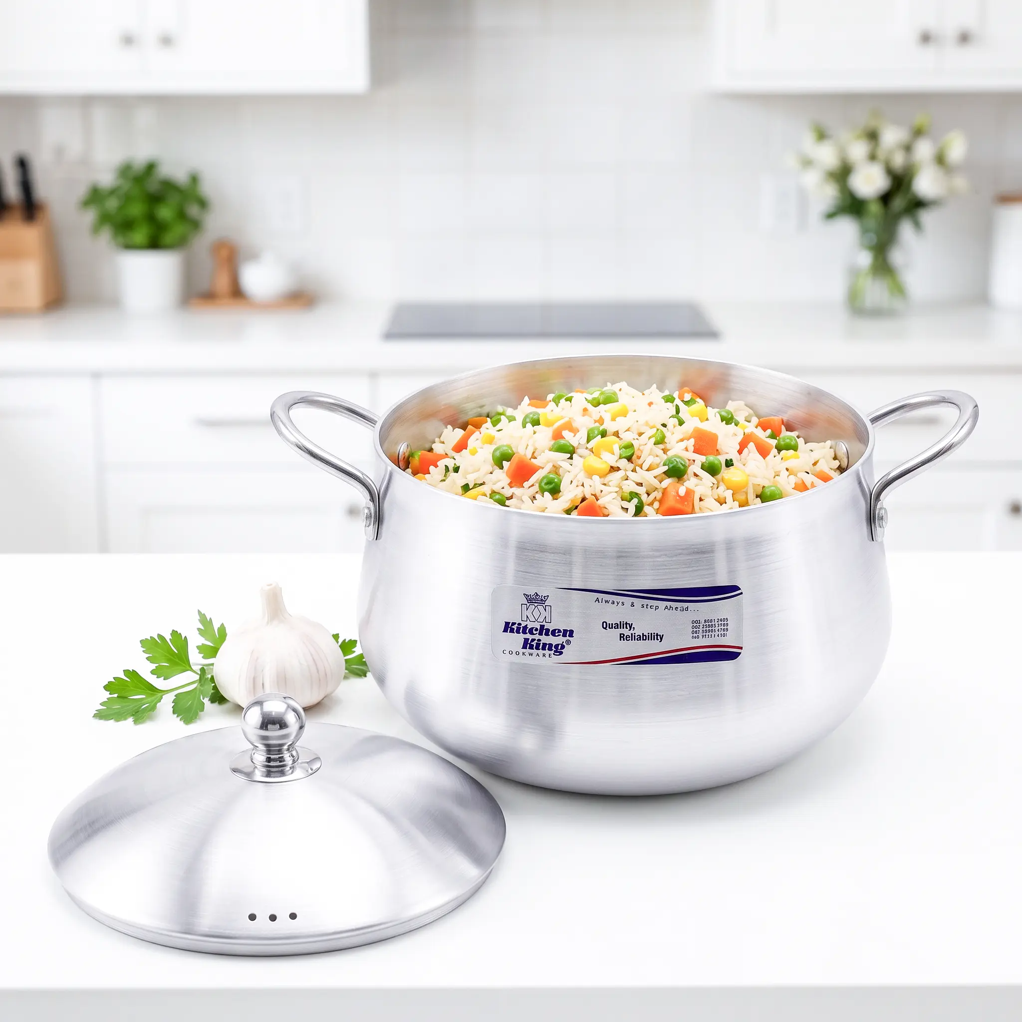 Kitchen King Cooking Pot (Belly Shape), 8/10/12/13 & 15 Inch, Even Heat Distribution Aluminium Pot for Gas & Electric Stoves, Home And Commercial Use, Dishwasher-Safe, Oven-Safe
