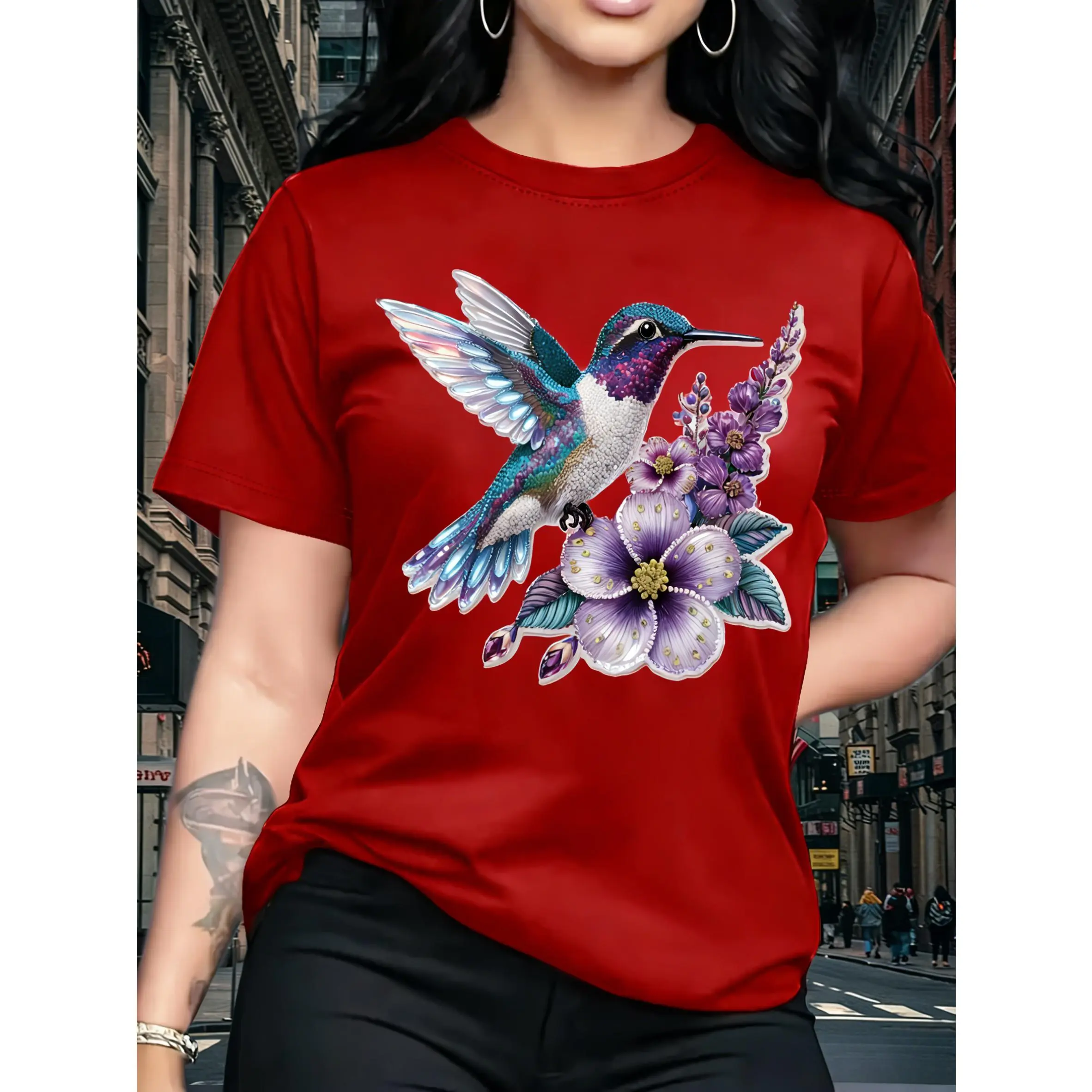100% cotton, bird and flower pattern women's fashion casual T-shirt, short-sleeved round-neck top, birthday gift, travel vacation, party, sweet and elegant, gift for girlfriend, gift for mother