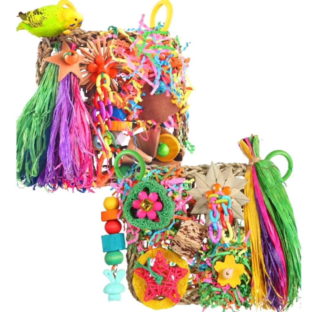 2 Packs Conure Toys, Bird Grass Mat Parakeet Shredder Hanging Toy Cockatiel Foraging Entertainments Parrot Climbing Wall Chewy Lovebird Cage Playthings for Small to Medium Birds