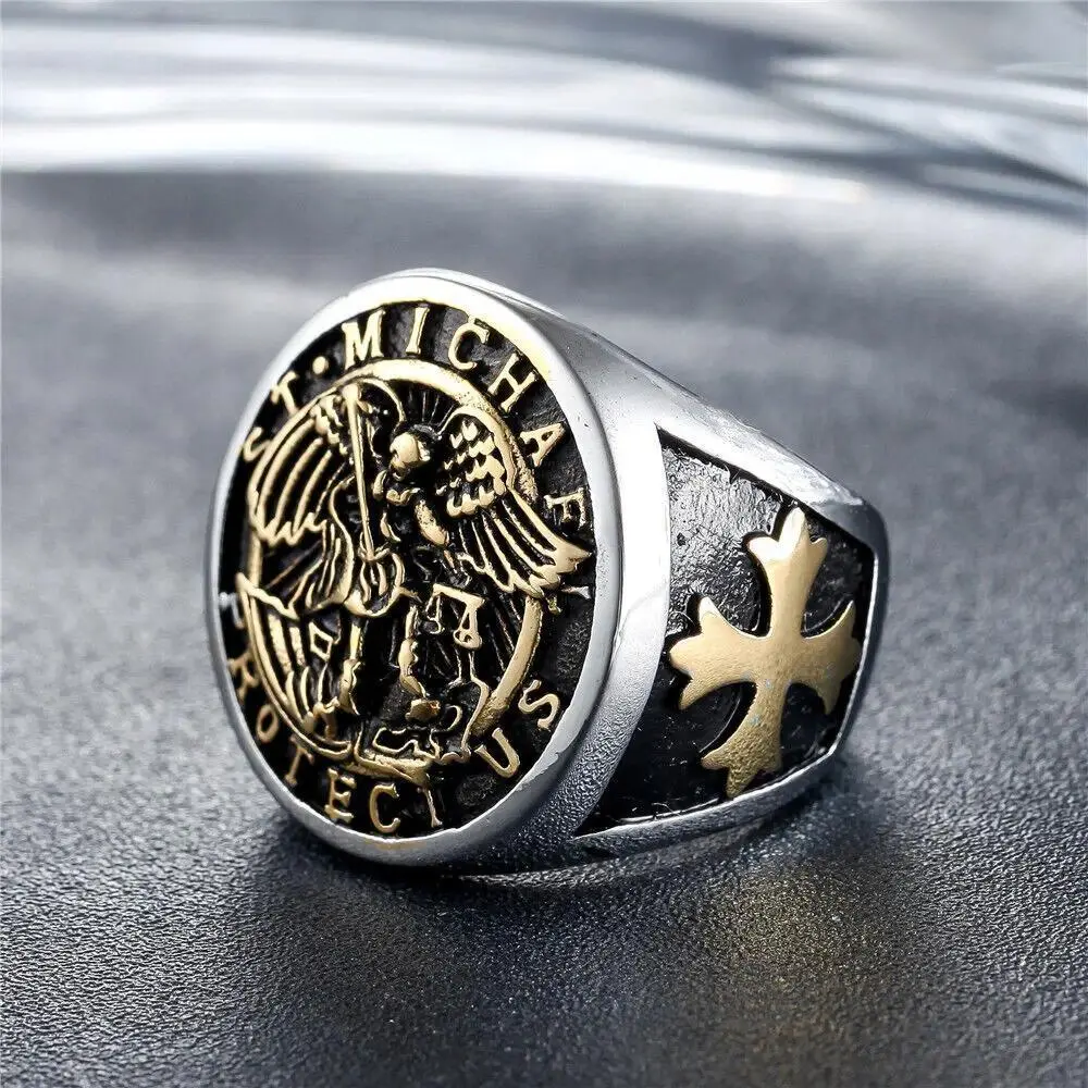 Vintage St. Michael Archangel Signet Ring for Men, 2-Tone Genuine Stainless Steel Material with a Vintage Silver Finish for Everyday Wear, Engagement, 24Mm