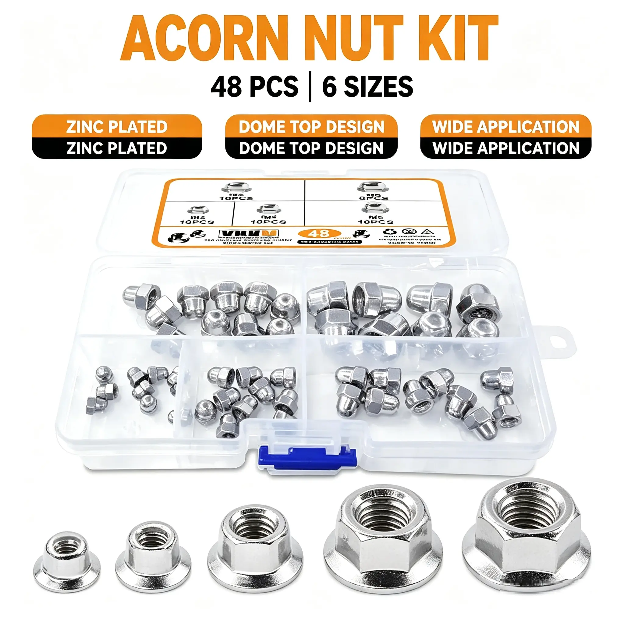 VKKM 48-Piece Standard Hex Acorn Cap Nuts Assortment Kit, 304 Stainless Steel M3-M8 mm Zinc-Plated Dome Fasteners for Furniture, Handmade Crafts, Compact Portable Storage & General Repair, M6