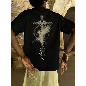 Gothic Angel Cross Black Oversized T-Shirt Dark Aesthetic Graphic Tee Casual Streetwear For Men Women