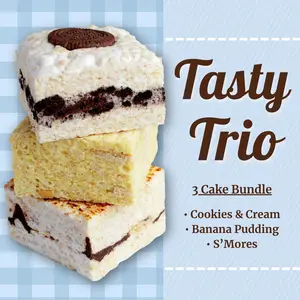 Tasty Trio Crispycake Bundle | GIANT Soft & Gooey Rice Crispy Treats - S’Mores, Banana Pudding, Cookies & Cream