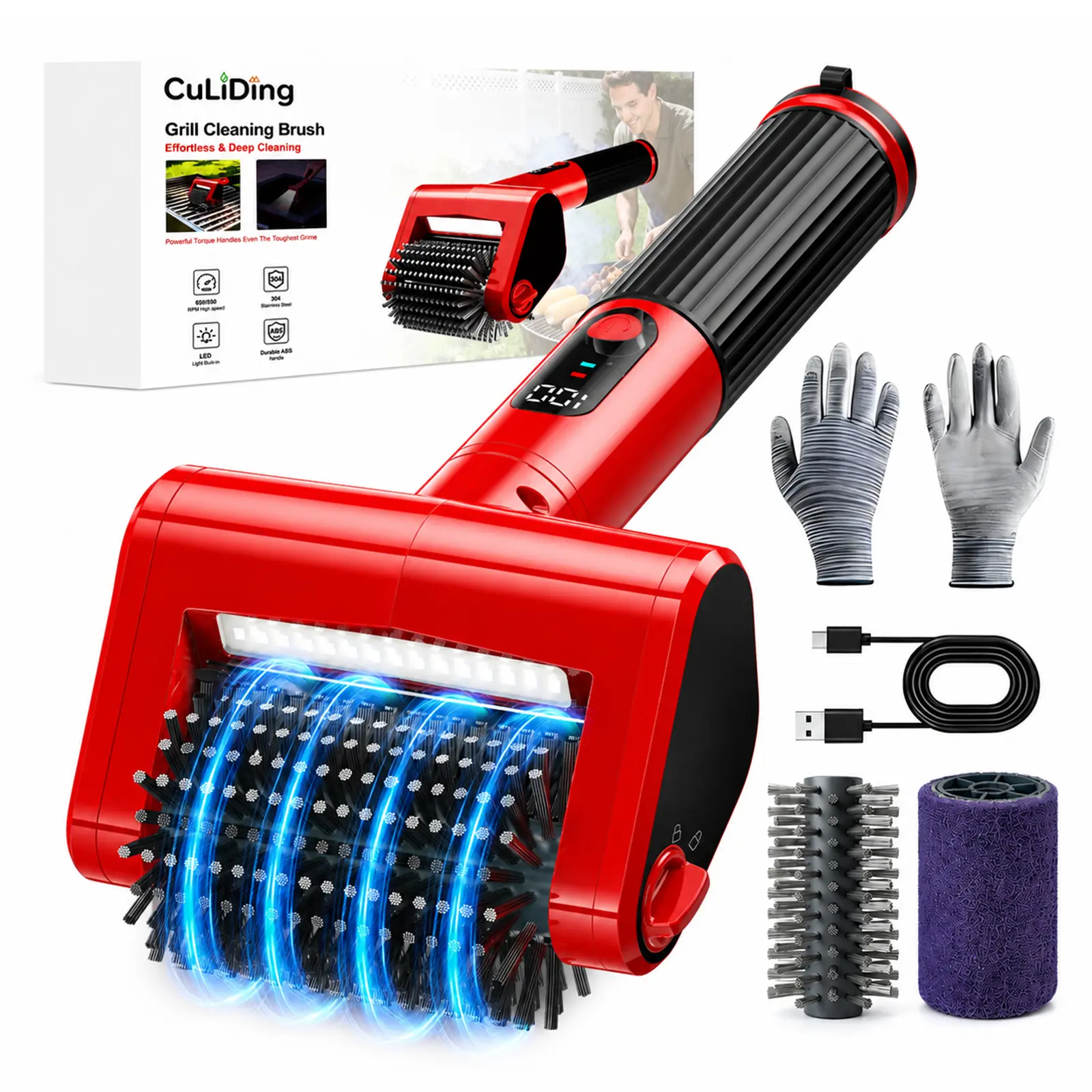 CuLiDing 800 RPM Electric Grill Brush for Outdoor, 2-Speed High Power BBQ Cleaning Tool, 4000mAh Cordless Scrubber with LED Light, Non-Shedding Brush & 2 Scouring Pads for Gas/Charcoal/Weber Grates