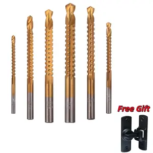 6 Pack Titanium Coated HSS Twist Drill Bits, 3-8mm Serrated Side Cutting Drill Bit Woodworking Tools for Plastic(Free safety sliding door latch included)