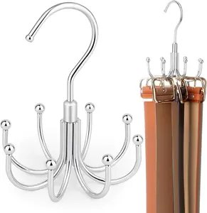 Belt Organizer for Closet, Heavy-Duty Rotating Belt Hanger Rack Holds up to 24 Belts, Hanging Space Saving Metal Belt Holder for Closet Storage, Silver