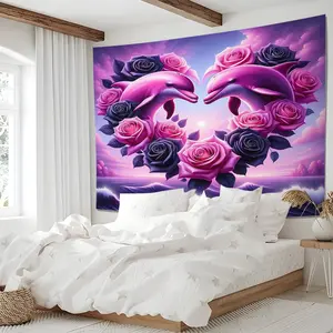 Valentine's Day, Wedding Themed Wall Hanging, Including Cartoon Dolphin Pattern Tapestries And Rose Design Wall Tapestry, Suitable for Decorating Couple's Rooms, Newlywed Layouts, Living Rooms, and Other Scenes As Wall Decorations