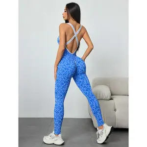Seamless Knitted Leopard Print Women's Fitness Bodysuit, Stylish Backless Yoga for Casual Walking and Climbing, Ideal Women's Gym Apparel, Sporty Jumpsuit, Workout Jumpsuit