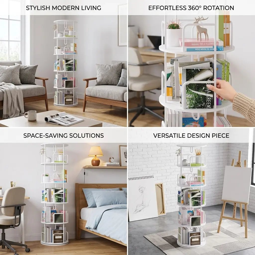 5-Tier Smooth Rotating Bookcase, 30LB Lightweight Space-Saving Decorative Rack - Multi-Functional Storage for Kids Room, Living Room & Home Office Indoor Furniture
