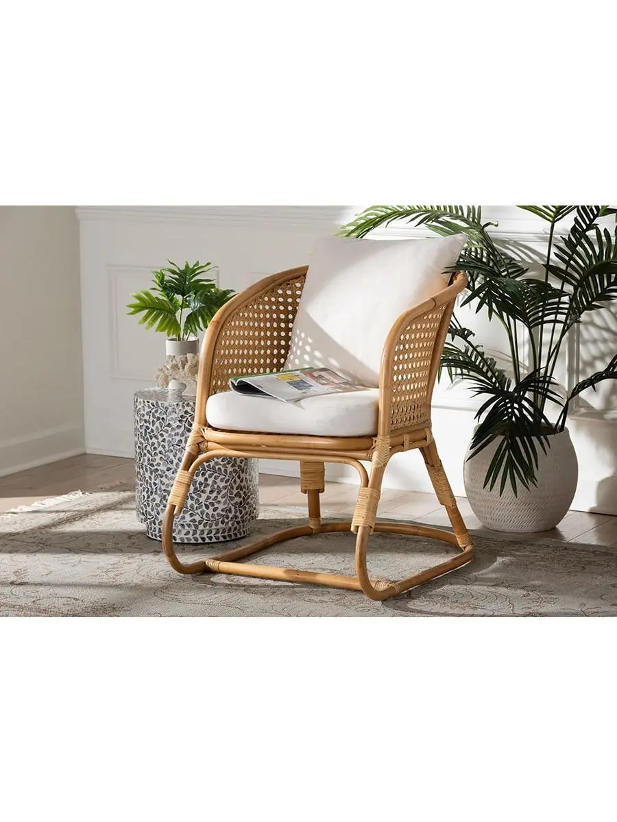 212 MAIN Niko Bohemian Woven Rattan Outdoor Indoor Arm Chair with Removable White Cushions and Light Honey Finish, Outdoor Indoor Chair