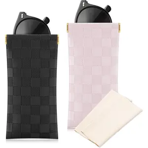 Sunglasses Case, 2 Pcs Soft Eyeglass Cases Checkered Sunglass Case Portable Squeeze Top Leather Glasses Pouch