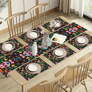Day of the Dead & Halloween Floral Skull Table Runner Set, Linen Placemats for Holiday Parties, Wedding Decor, Home Kitchen Outdoor Use