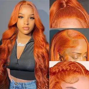 30 Inch Ginger Orange Body Wave Lace Front Wigs Blended Human Hair Pre Plucked 180% Density 13x4 Transparent Lace Frontal Wigs for Women #350 Colored Glueless Wigs