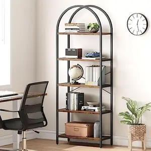 Industrial Arch Bookcase - 5 Open Shelves - Sturdy Metal Frame - Height 180cm - Perfect for Living Room, Office or Bedroom - Black Frame with Vintage Wood Shelves
