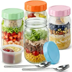 Salad Jars with  Meal Prep Containers Glass - 32oz Leakproof Mason Jars Salad Containers with Dressing Cup for Lunch , Full Meal Salads Lunch Containers with Spoon Forks for Adults