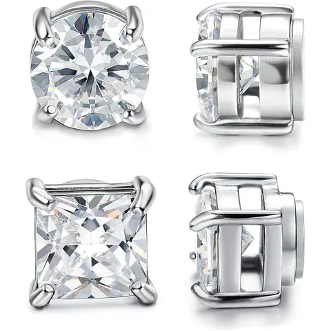 Jstyle Unisex 2-Pair Classic Stainless Steel Cubic Zirconia Stud Earrings - Hypoallergenic Magnetic Minimalist Fake Piercings, 5-8mm Casual Pieces for Sensitive Ears, Jewelry for Women, Men's Jewelry