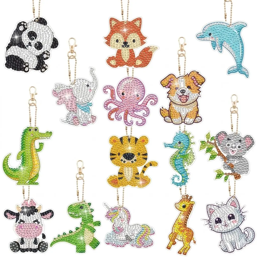 15 PCS Double Side Diamond Painting Keychains, 5D Animal Diamond Art Ornaments DIY Key Rings Pendants for Beginners, Birthday Gift Home Party Decor