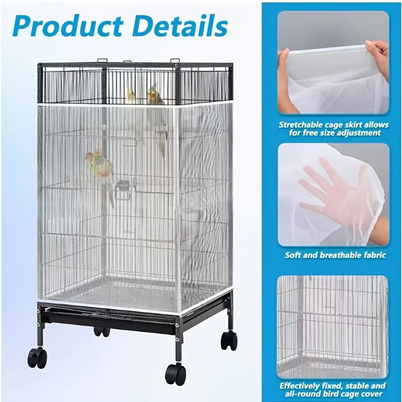 1 Pc Bird Cage Cover – Large mesh net guard to prevent food splatter and feathers. Breathable anti-fly and mosquito cover, fits round and square cages, ideal for parrots, parakeet cage accessories, and indoor bird cages, Bird Supplies.