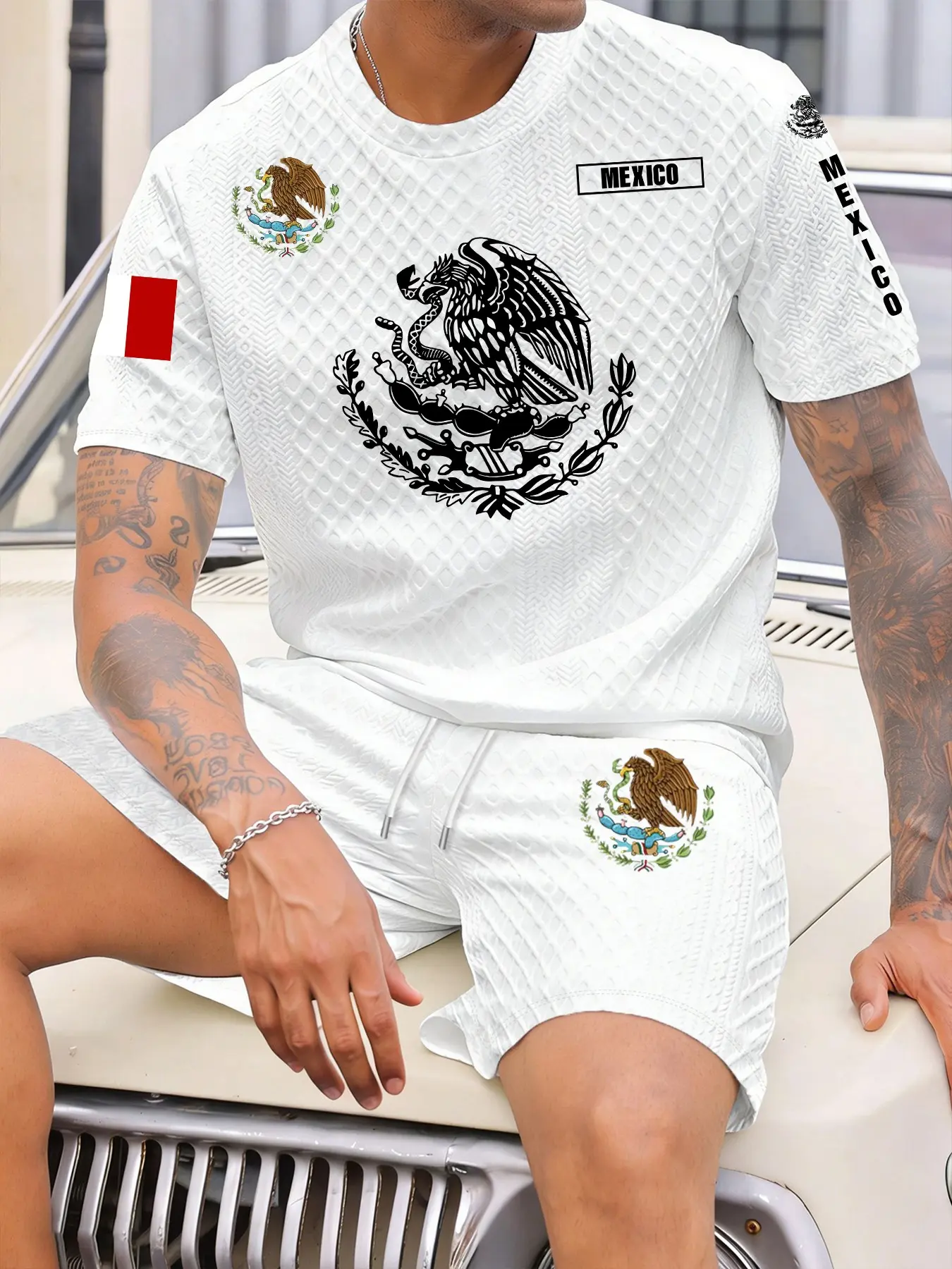 Men's Summer Breathable Short Sleeve Tee & Shorts Set, Fashion Cultural Mexican Emblem Design, Casual Fitted, 2 Piece Set, Print