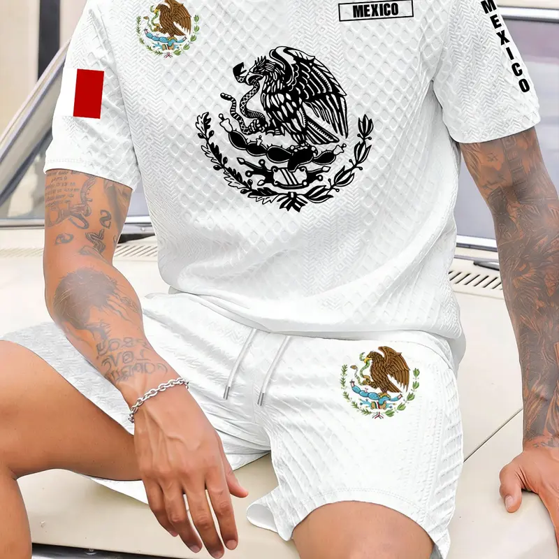 Men's Summer Breathable Short Sleeve Tee Top & Shorts Set, Fashion Cultural Mexican Emblem Design, Casual Fitted, 2 Piece Set, Print Apparel