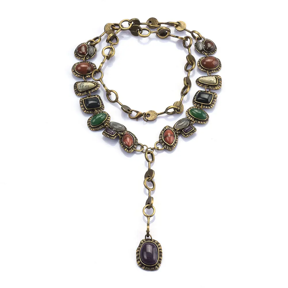 Vintage Metal Inlaid Gemstone Necklace Long Elegant Sweater Chain Multi-layer Design for Sophisticated Outfits