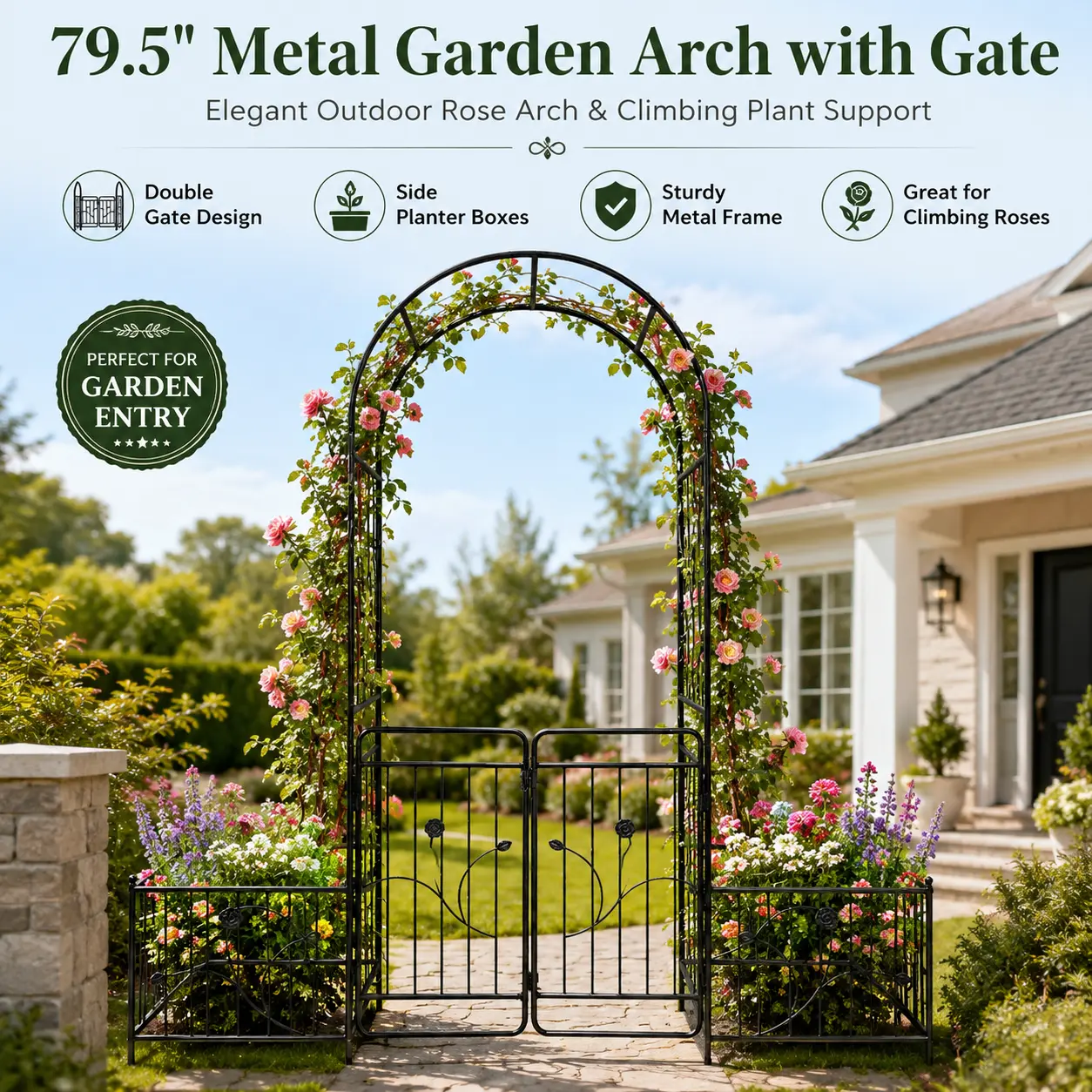 Large Metal Garden Arch with Gate 86.6in High Trellis for Climbing Plants Rose Archway Outdoor Patio Backyard Entrance Decorative Support Stand for Flowers Ivy Vines Pergola Heavy Duty Black Iron Frame