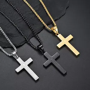 Stainless Steel Necklace Cross Pendant Box Chain Lobster Gold Bible Prayer N22