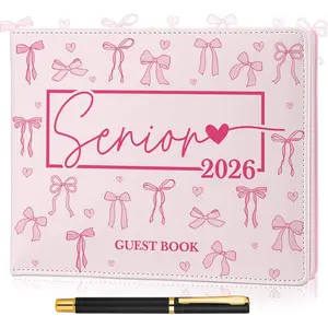 Bow Graduation Guest Book Class of 2026 Party Decorations Leather Graduation Guest Signature Party Sign  with Pen, 112 Pages(Senior 2026)