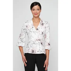 Petite Printed Jacquard Knit Side Closure Blouse with Bubble Hem Sleeves