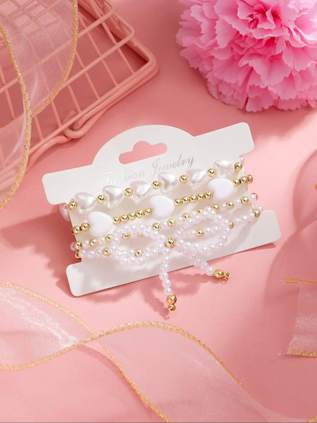 Boho Style Faux Pearl Decorated Heart & Bowknot Design Beaded Bracelet, Fashion Accessories for Women & Girls, Trendy All-match & Exquisite Jewelry for Birthday Gift