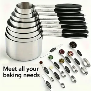 Stainless Steel 17PCS Measuring Cup & Spoon Set Includes 8 Heavy-Duty Cups 8 Double-Sided Magnetic Spoons & 1 Leveler for Dry Liquid Ingredients magnetic stainless essential baking tool me spoons and cup