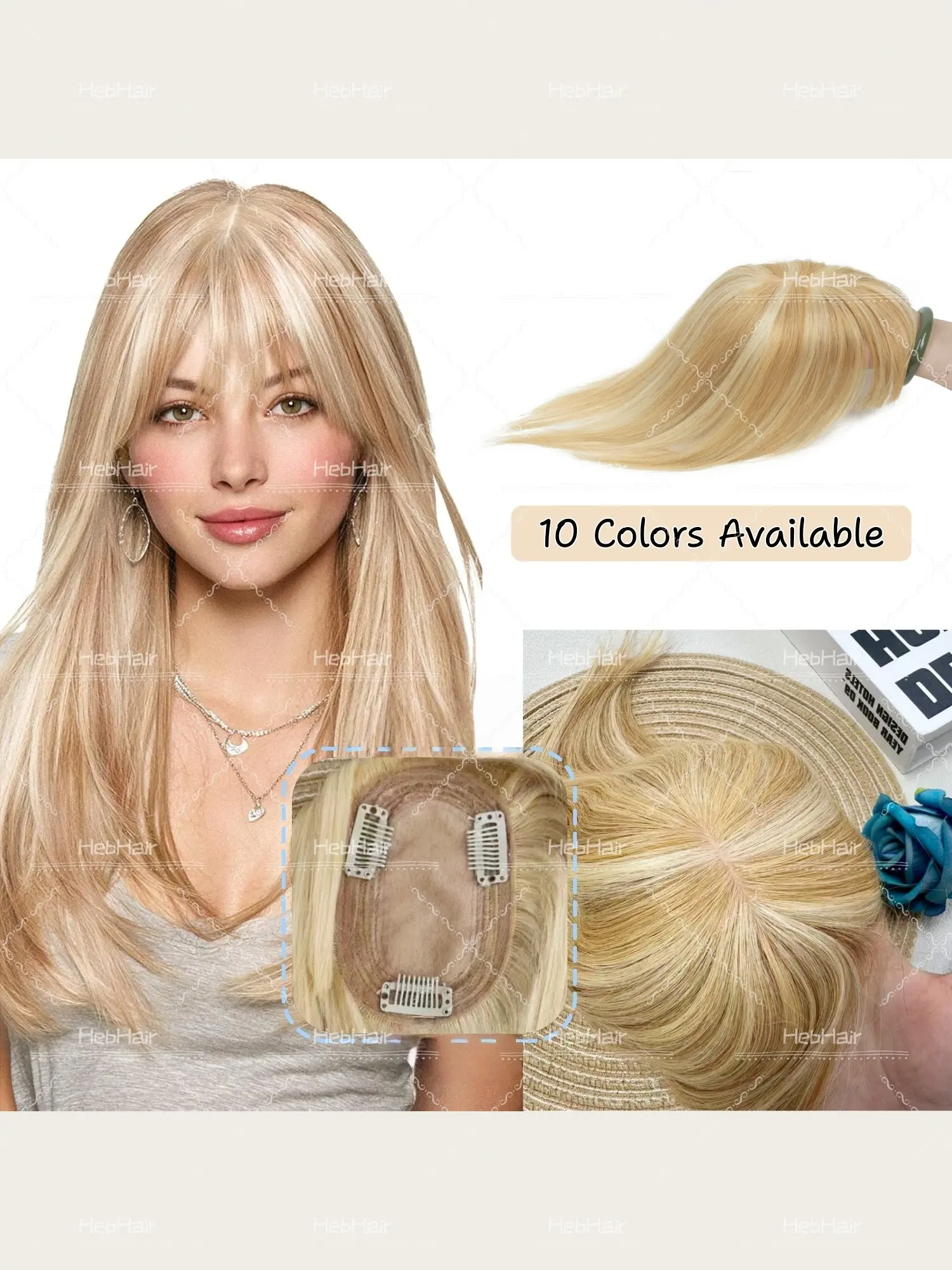 Real Human Hair Topper Clip-In with Bangs, 8x12 Hairpiece, Blonde Highlights, Straight Hair, Natural Look, Invisible Extensions, Hair Loss Solution, Invisible Hair Toppers