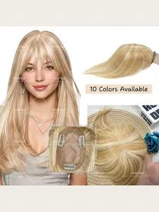 Real Human Hair Topper Clip-In with Bangs, 8x12 Hairpiece, Blonde Highlights, Straight Hair, Natural Look, Invisible Extensions, Hair Loss Solution, Invisible Hair Toppers