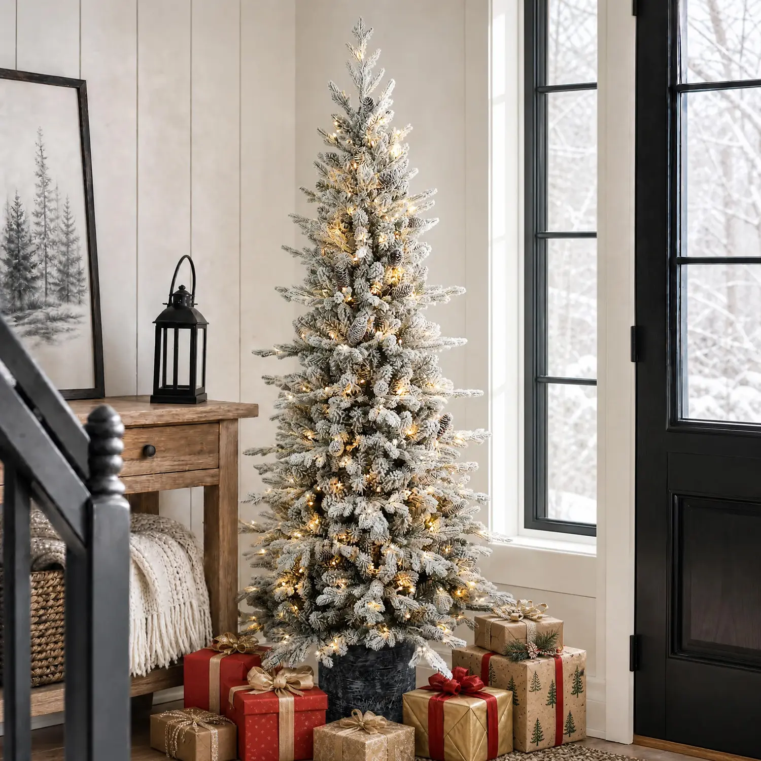 Cozy Full Pre-Lit Snow Flocked PVC&PE Artificial Christmas Tree with Potted Base, Multi-Size (2/3/4.5/6.5 FT), Natural Touch Branch Tips, Pinecones, Warm White LED Light, Home Holiday Decoration