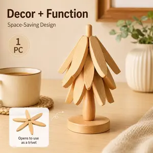 Solid Wood 3-Leaf Tree Heat Insulation Mats (Set), High-Temperature Resistant Home Tableware Mats for Cups, Pots, Casseroles, Festive Christmas Tree-Shape Home Supplies