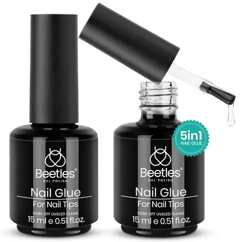 Beetles 5-in-1 Gel Polish Kit with Base Coat, Top Coat, Transparent Adhesive Gel Polish, 2 Pcs 15ml Super Strong Brush-in UV Nail Glue for False Tips & Manicure Care (LED Lamp Required, Nail Supplies Included)
