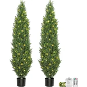 5FT Topiary Trees Artificial Outdoors 2 Pack, Two 5 Foot UV Resistant Faux Cedar Topiary Ball for Outdoor Front Porch Door, Set of 2 Fake Pine Cypress Tree with Led String Light