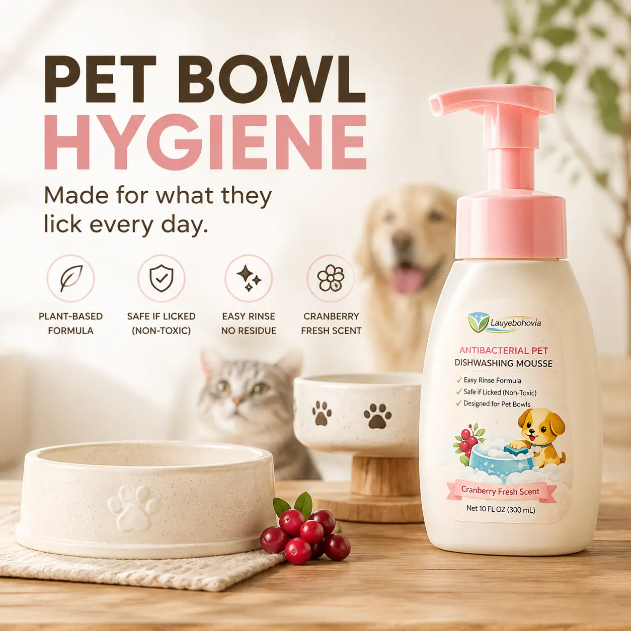 Pet Bowl Hygiene Mousse, Natural Plant-Based Formula for Pet Bowls, Feeders & Accessories, Easy Rinse, No Residue, Safe if Licked, Cranberry Fresh Scent