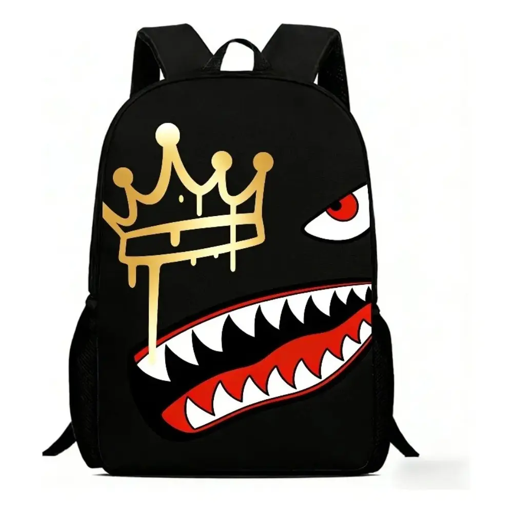 Street Style Shark Backpack, Black Bag With Gold Crown And Red Eye Graphic, Shark Teeth Design With Side Mesh Pockets