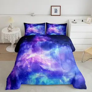 Feelyou Galaxy Theme Soft Breathable Decorative Bedroom Bedding Set - Starry Sky Blue Purple Outer Space Constellations Quilted Down Comforter Duvet Set