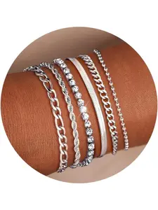 6Pcs Chain Bracelets Set for Womens Girls 14K Gold Plated Stacking Bracelets Silver Twist Figaro Rope Cuban Chain Bracelets Adjustable CZ Link Charm Bracelets Jewellery