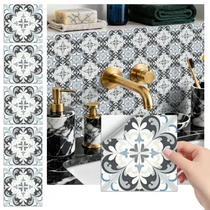 24PCS/Box FHZ Classic Art Tile Pattern | Gray-Blue Diamond Flower Retro Patchwork Wall Stickers | PET Matte Peel & Stick | Waterproof Oil-Proof for Bedroom School Office Kitchen Bathroom