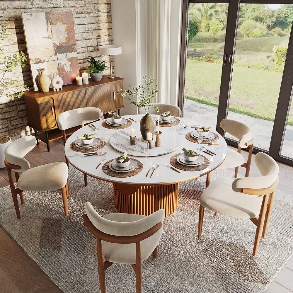 59" Mid-Century Modern Round Wood Dining Table for 6 with Lazy Susan ...