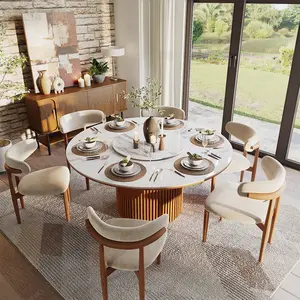 59" Mid-Century Modern Round Wood Dining Table for 6 with Lazy Susan, Fluted Round Dining Table, Walnut Color Solid Wood Dining Table,  Glossy White Sintered Stone Table with Tambour Dining Table Base