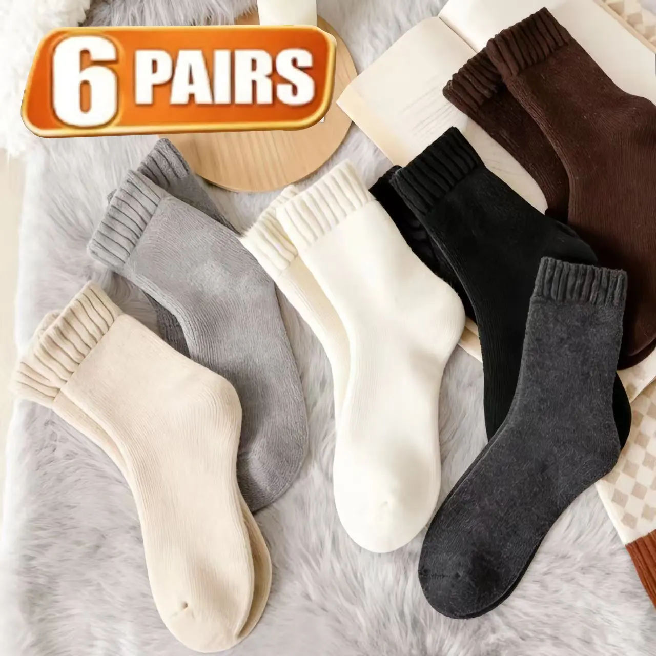 Women's Basic Thermal Crew Socks (6-Pair: Khaki*2/Light Gray*2/Cream*2), Fall Winter Warmer, Cozy Fleece, Non-Slip, Breathable, Minimalist Womenswear for Home & Commute, 6-Pair Socks - Khaki*2/Light Gray*2/Cream*2